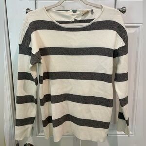 Gray and White Crew Neck Sweater with Stripes